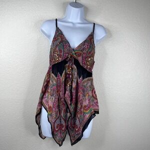 Angie Top Babydoll Asymmetrical Semi Sheer Paisley Multicolor Sz S Fairy Y2K